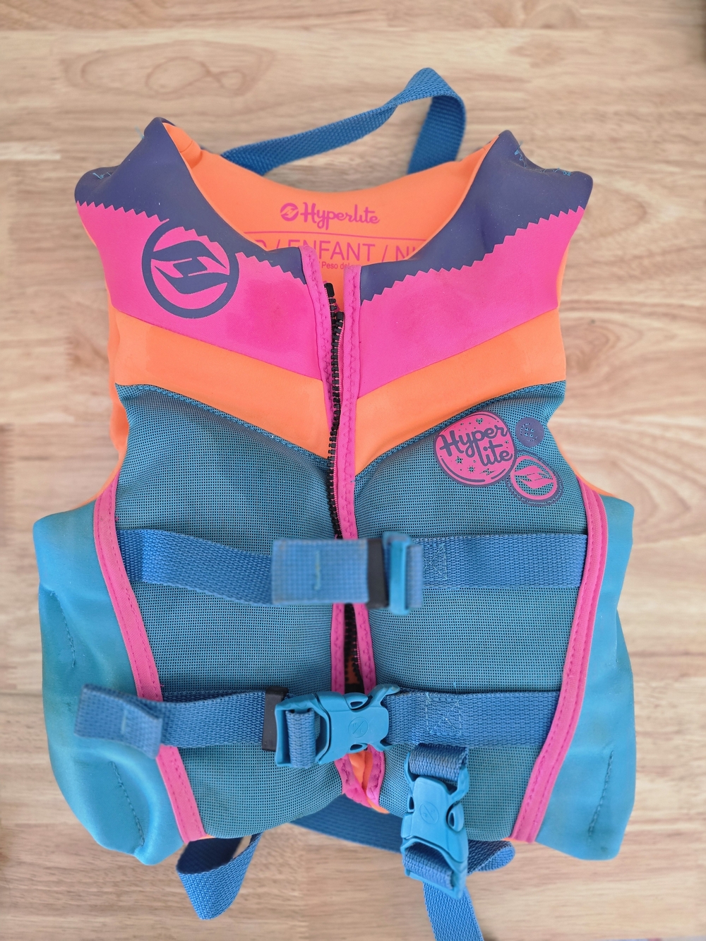 Hyperlite Kids Life Jacket - Teal, Pink & Orange. Child 33-55lbs